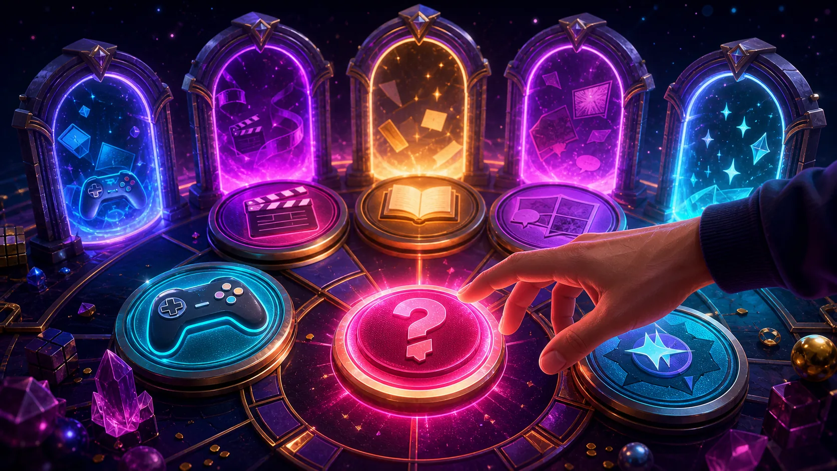Cosmic category selection wheel with glowing fandom tokens