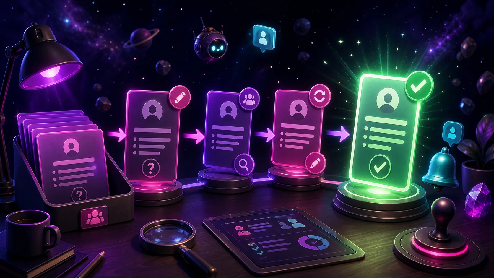 Cosmic review pipeline showing a submitted trivia card becoming approved