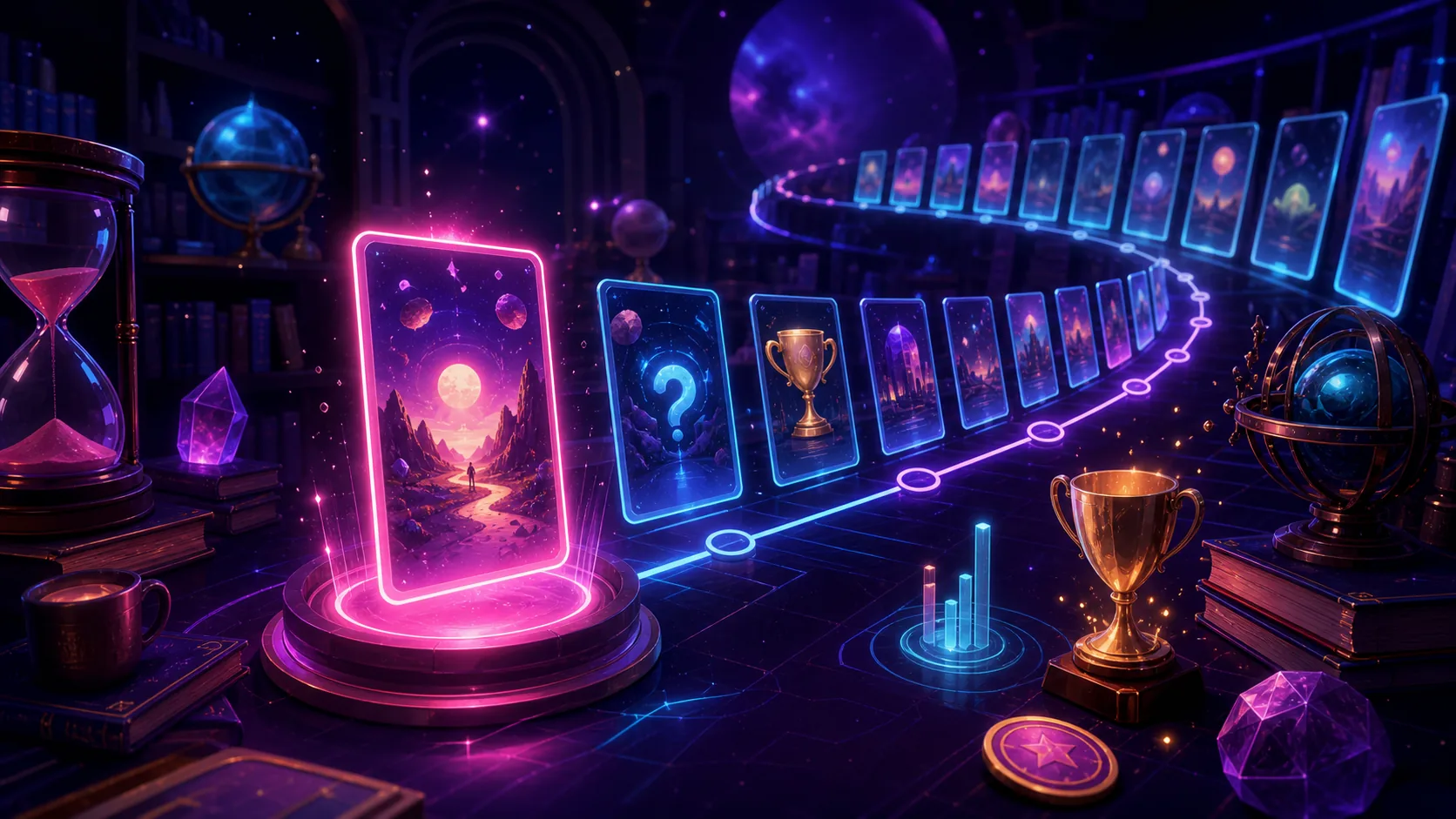 Cosmic archive room with glowing calendar tiles and past quiz cards