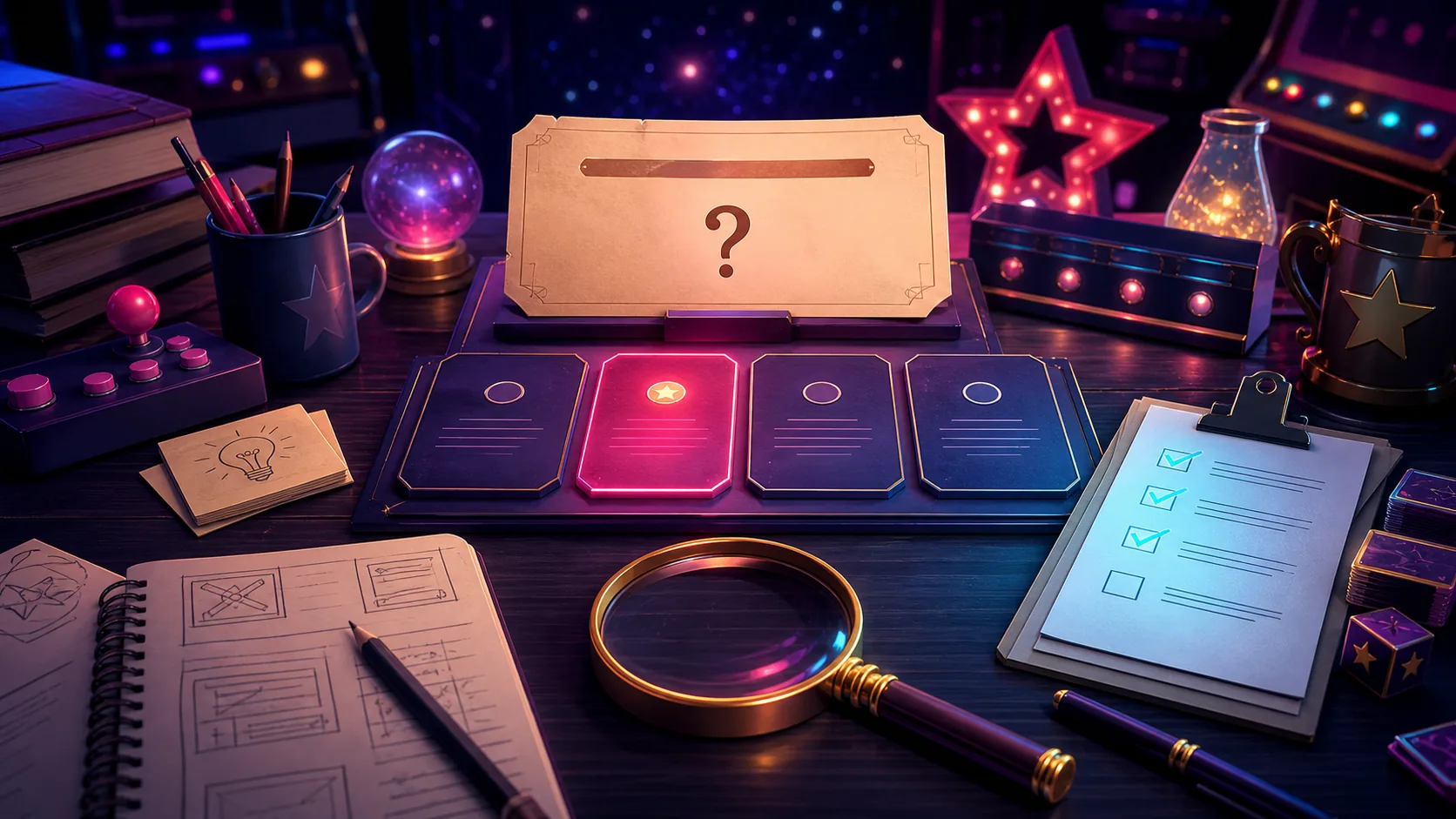 Cosmic quiz writing desk with glowing answer cards and review tools