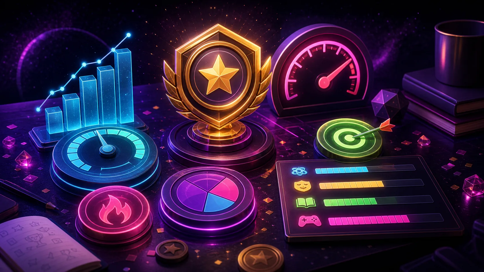 Cosmic game results table with XP badge, gauges, score meters, and reward lights